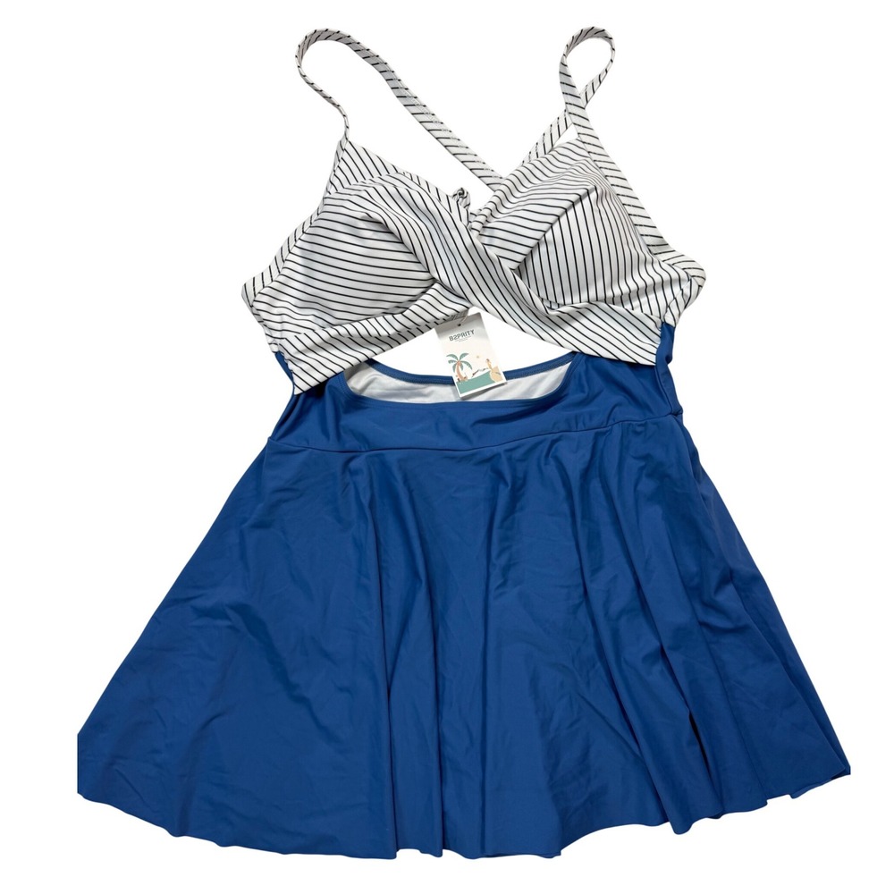 B2PRITY Womens Striped Twist Front Swimdress Blue White 1 Piece Swimsuit 18W NWT